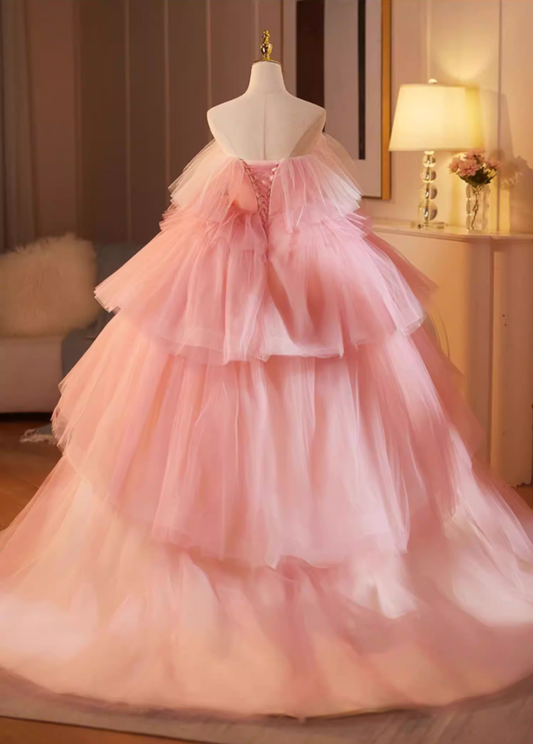 Refined Strapless Pink Tulle A-Line Sweet 16th Gowns Appliques Beads Tiered Prom Dress AP5157