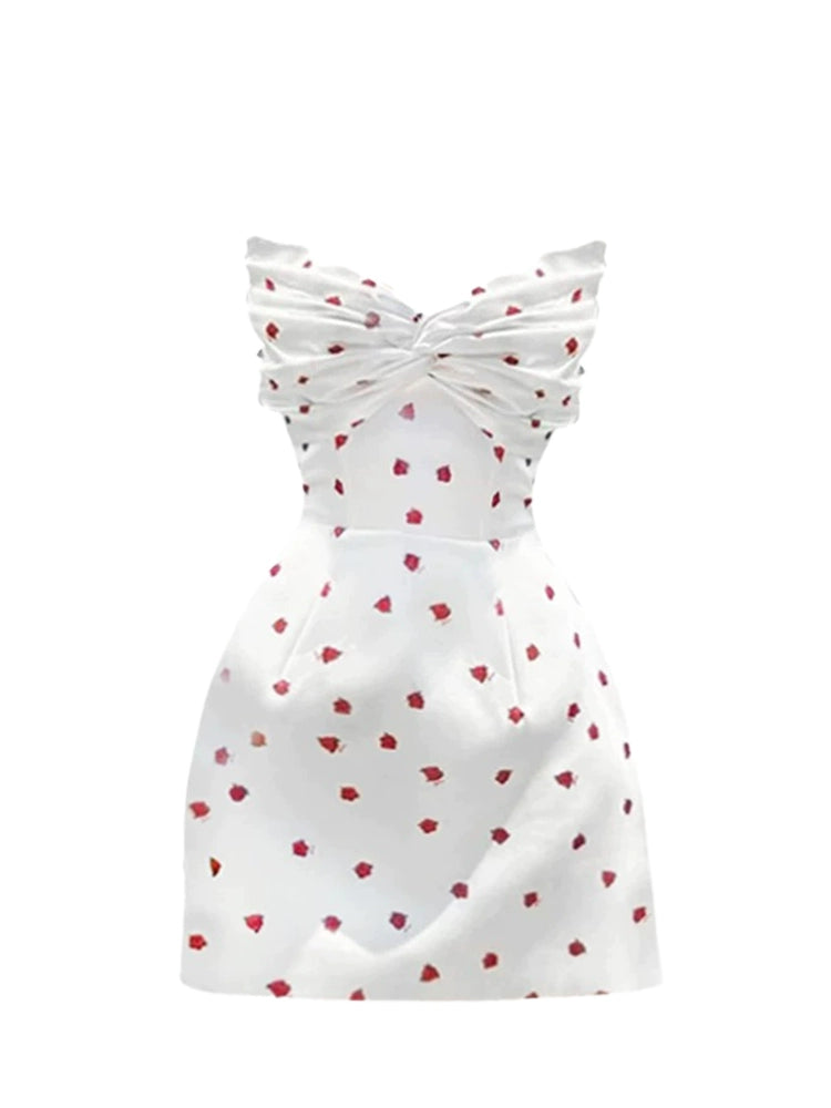 Amazing Ruched Bow Red Heart Print Bust Bodycon Mini Skirt Chic White Red Heart Print Strapless Short Dress AP5162