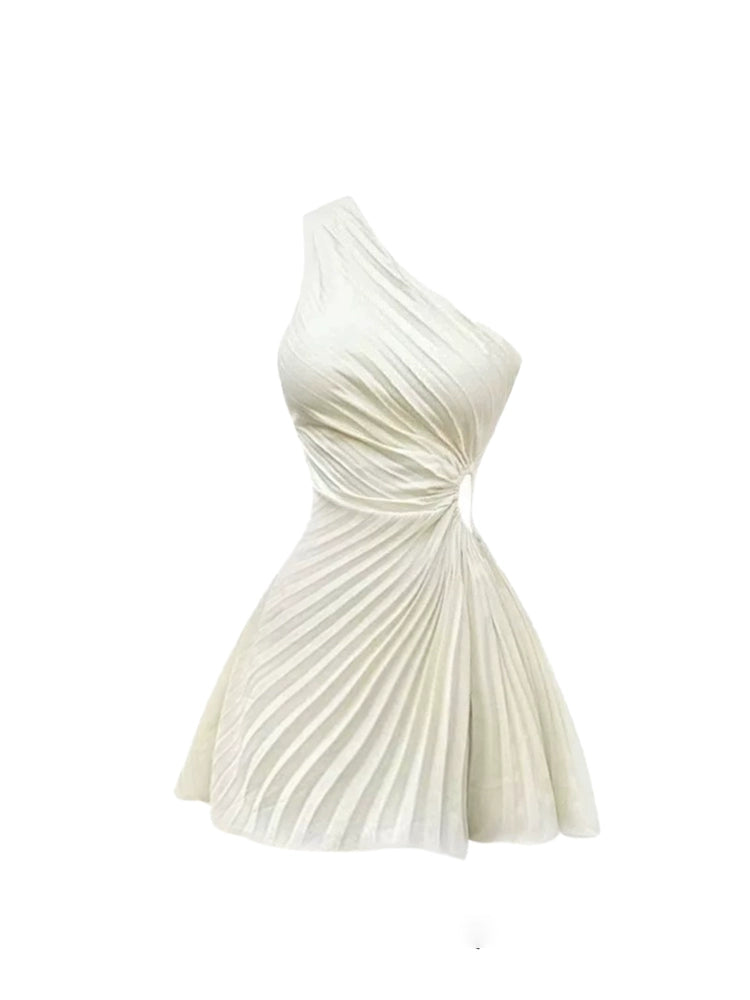 Dainty A-Line Waist Cutout Detail Flared Mini Skirt Chic Ivory Pleated One-Shoulder Short Dress AP5171
