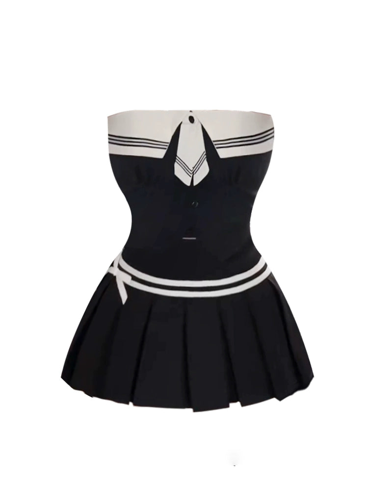 Fabulous White Striped Trim Collar Detail Pleated A-Line Mini Skirt Playful Black Sailor-Style 2-Piece Strapless Short Dress AP5174