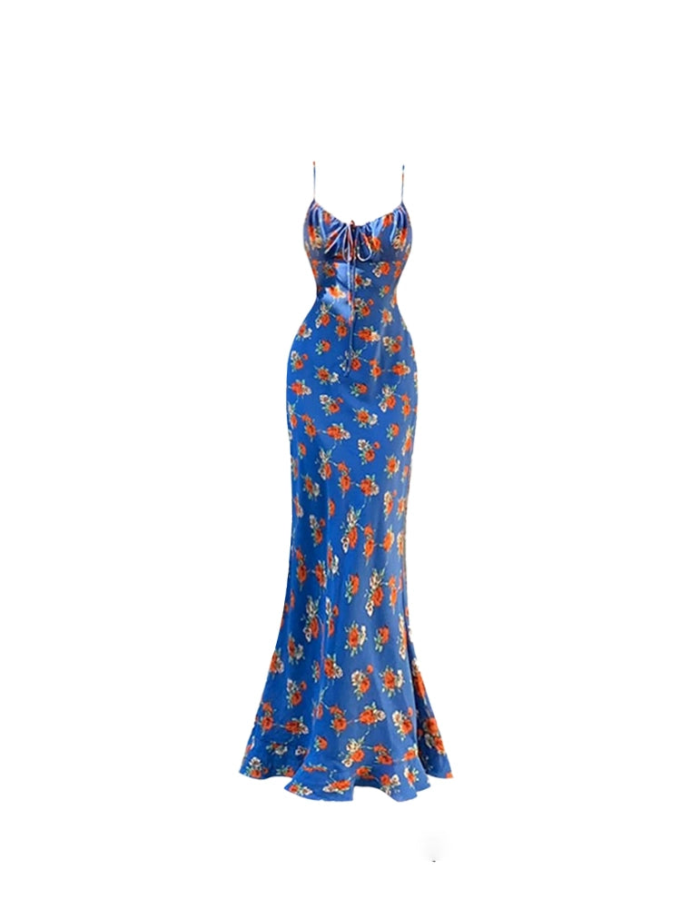 Luxurious Royal Blue Floral Print Spaghetti Strap Maxi Skirt Sexy Ruched Bust Mermaid Hem Long Dress AP5176