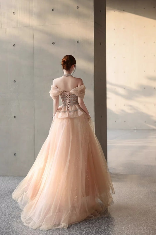 Classical Off-Shoulder A-Line Tulle Lace-Up Sweet 16th Dresses Beading Sequins Prom Dress AP5180