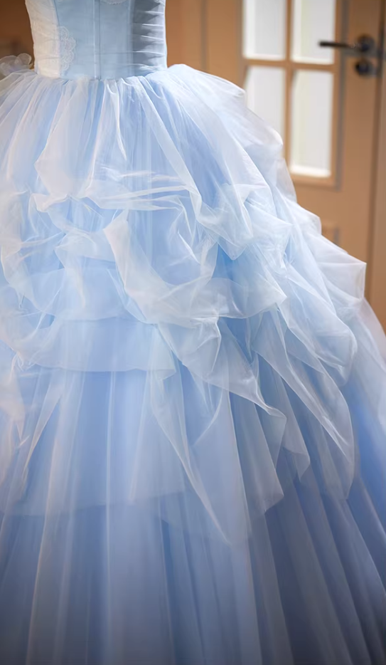 Cute A-Line Floral Spaghetti Strap Evening Gowns Sweet Appliques Ruffles Blue Tulle Prom Dress AP5182