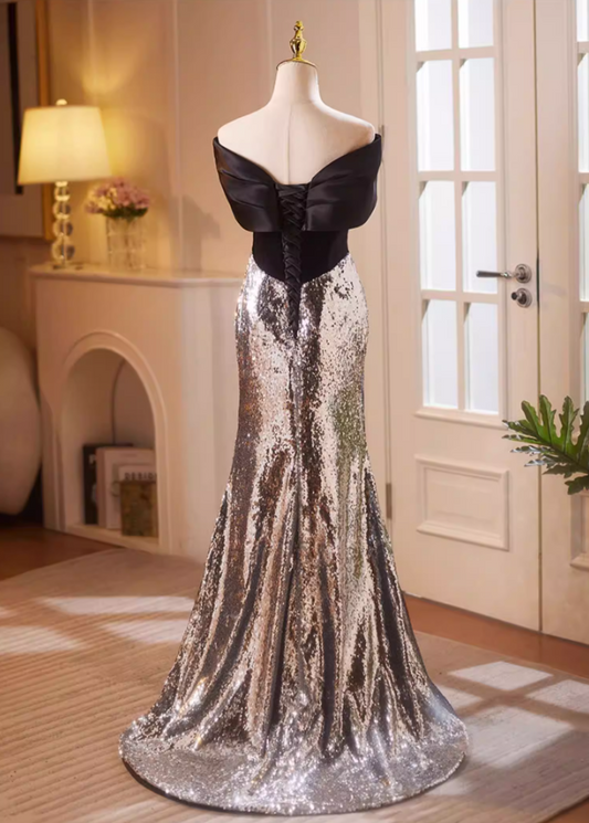 Vintage Off-Shoulder Evening Mermaid Gowns Silver Sequins Black Satin Prom Dress AP5183