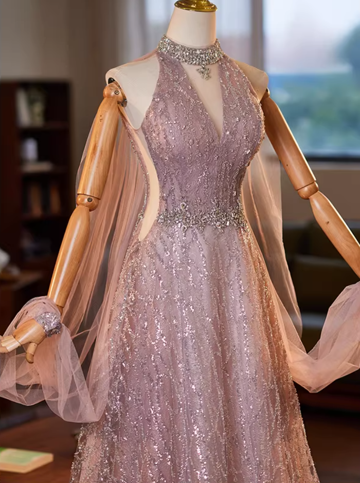 Dreamy Cutout Halter Neck A-Line Sweet 16 Gowns Beading Sequins Rhinestones Prom Dress AP5186