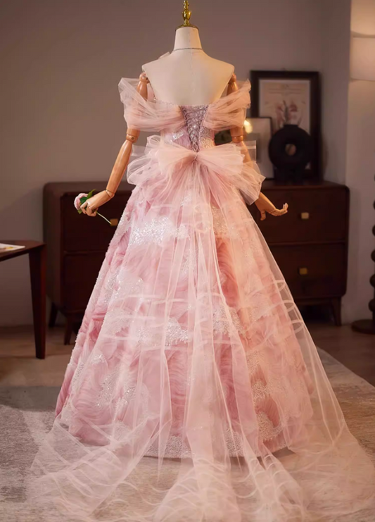 Dramatic A-Line Tulle Off-Shoulder Floral Sweet 16th Dresses Sequins Bow Prom Dress AP5192