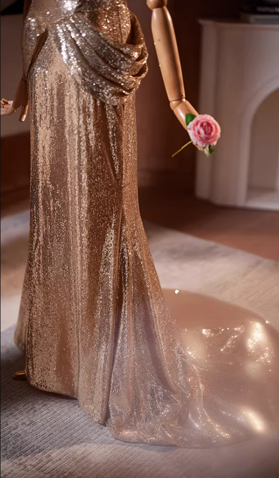 Unique Square Neck Puff Short Sleeve Mermaid Evening Dresses Beads Sequins Draped Prom Dress AP5195