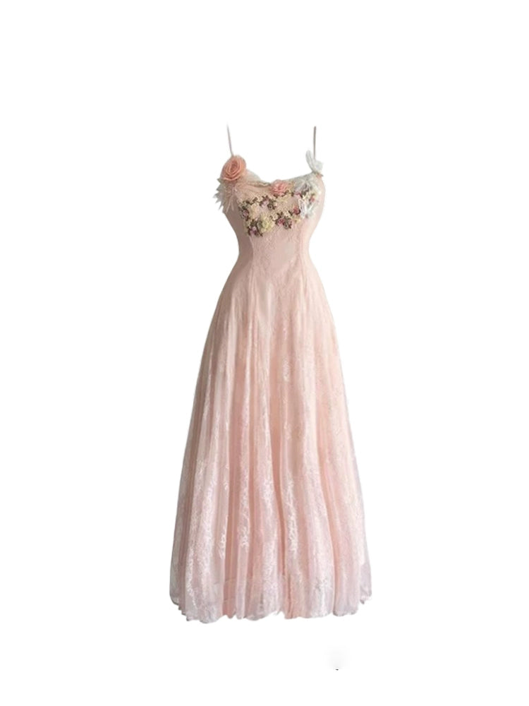Dopamine Style 3D Flower Detail Flowy A-Line Maxi Skirt Chic Blush Floral Spaghetti Strap Long Dress AP5201