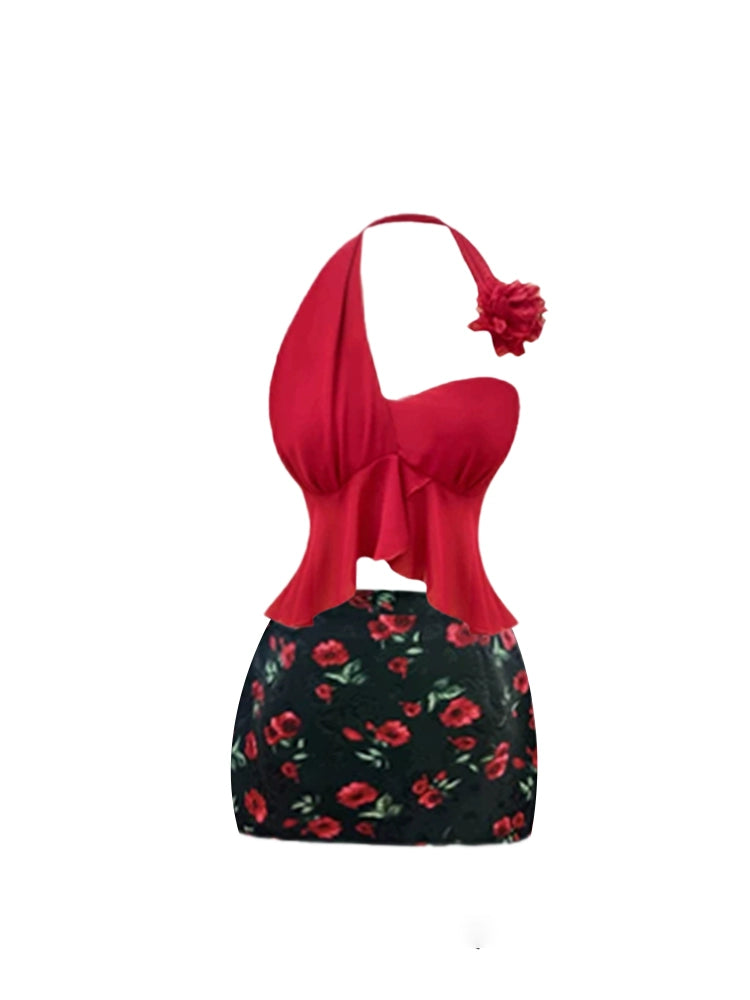 Playful Floral Accent Top & Rose-Print Bodycon Mini Dress Chic Red & Black One-Shoulder Halter Short Dress AP5204