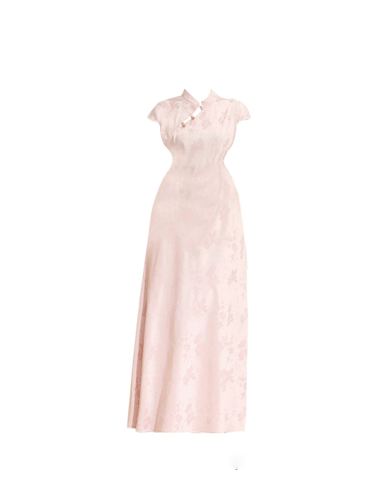 Stylish A-Line Short Sleeve Maxi Skirt Trendy Blush Jacquard Mandarin Collar Long Dress AP5206