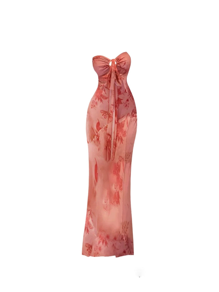 Fitted Tie-Front Bust Strapless Maxi Skirt Trendy Blush Gradient-Print Mermaid Long Dress AP5207
