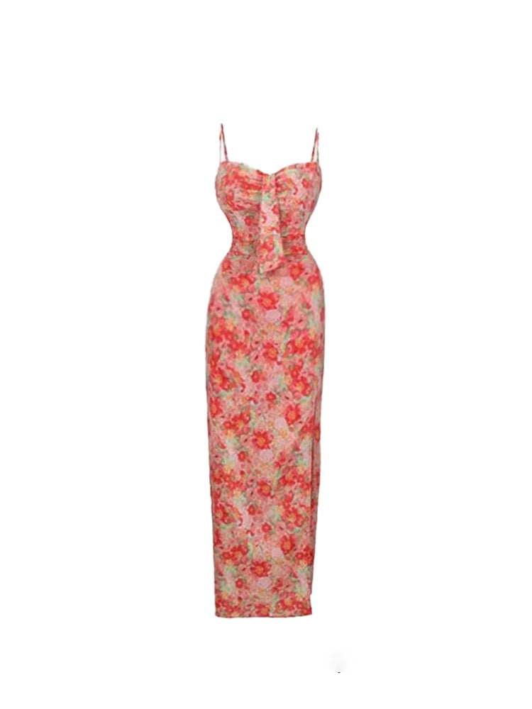 Trendy Tie-Front Bust Sheath Date Nights Maxi Dress Pink & Red Floral Spaghetti Strap Long Dress AP5209