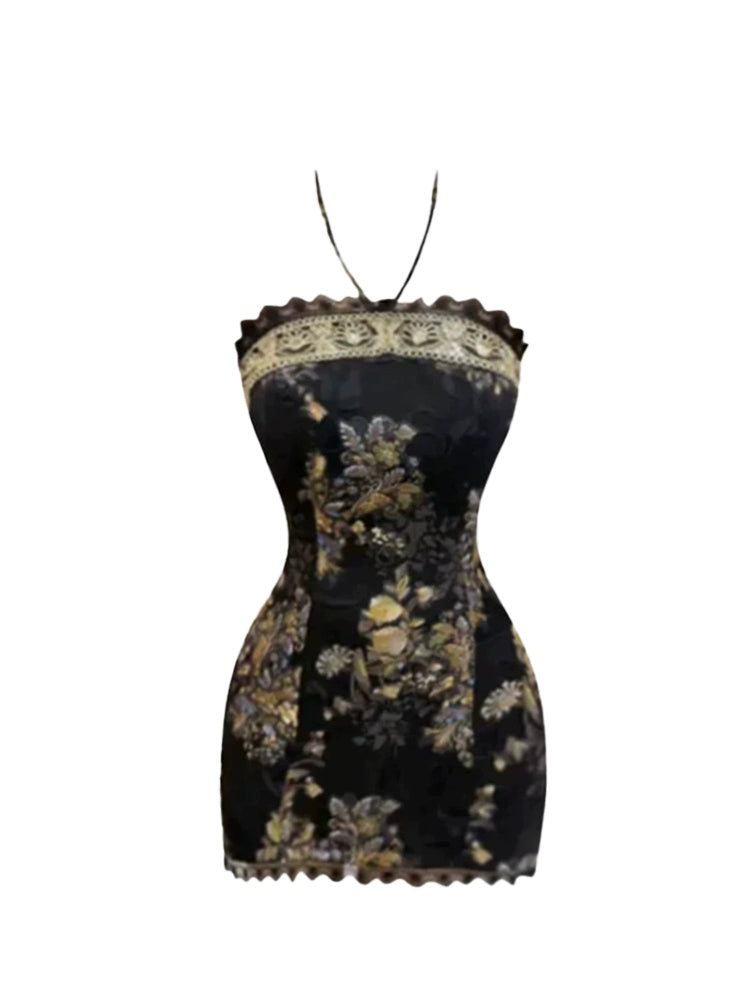 Princess Ornate Trim Bodycon Mini Skirt Trendy Black & Gold Floral-Print Halter Short Dress AP5214