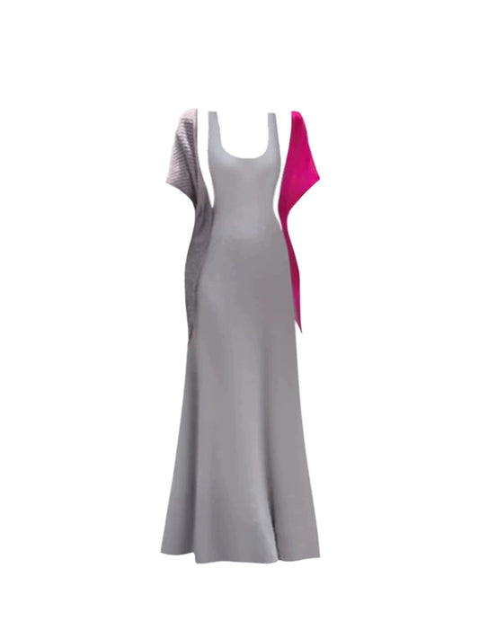 Simple Square Neck A-Line Maxi Skirt With Shawl Vogue Slim Fit Flared Hem Spaghetti Strap Long Dress AP5216