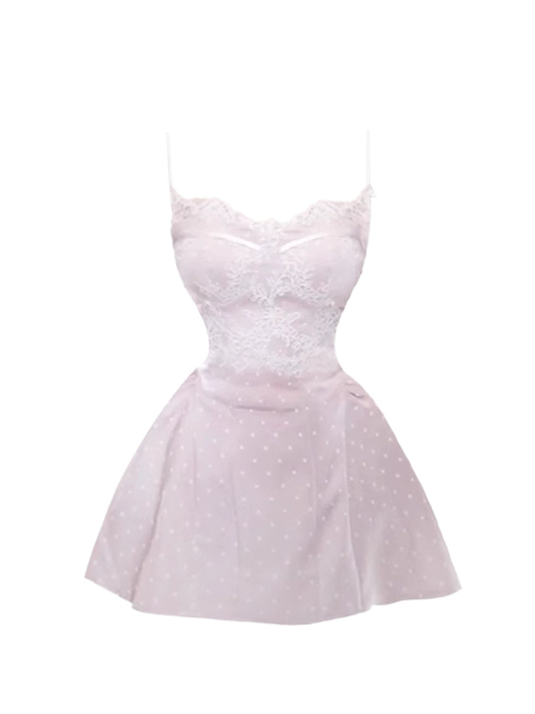 Fancy Sweetheart Neck Lace Accents A-Line Mini Skirt Sweet Light Pink Spaghetti Strap Polka Dot Flared Short Dress AP5217