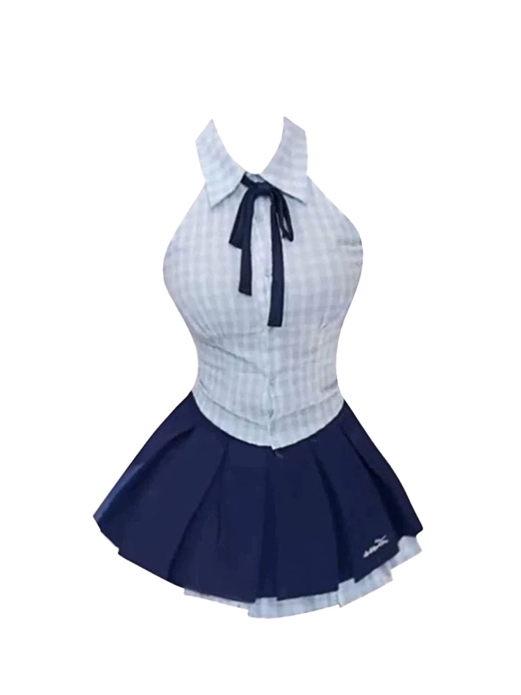 Hot Girls Collared Navy Bow Pleated A-Line Mini Skirt Chic Preppy Lapel Neck Plaid Short Dress AP5219