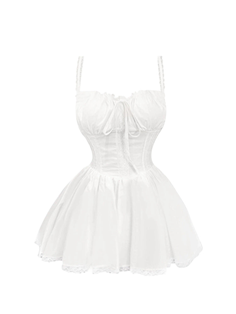 Gen Z Style Bow Detail Ruffled Lace Hem A-Line Mini Skirt Elegant White Spaghetti Strap Corset Short Dress AP5220