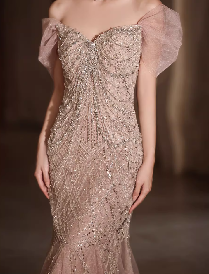 Bling Tulle Off-Shoulder Evening Mermaid Gowns Sequins Beading Prom Dress AP5221