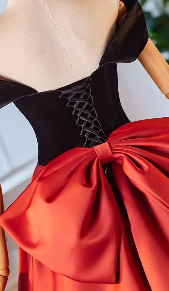 Trendy Off-Shoulder Velvet Satin A-Line Sweet 16th Dresses Bow Color-Blocked Prom Dress AP5225