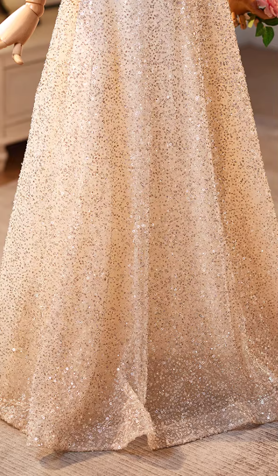 Attractive A-Line Ruffles Square Neck Sweet 16th Dresses Long Sleeve Sequins Tulle Prom Dress AP5226