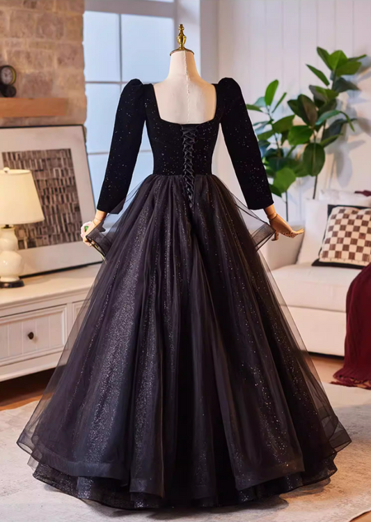 Sexy A-Line Sweetheart Neck Black Sweet 16th Dresses Sequins Long Sleeve Ruffled Tulle Prom Dress AP5227