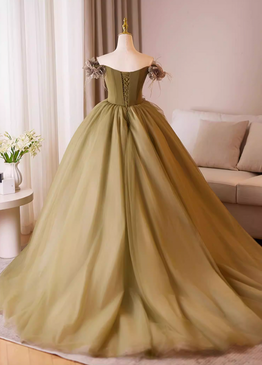 Modern Off-Shoulder A-Line Tulle Sweet 16th Dresses Handmade Flowers Prom Dress AP5230