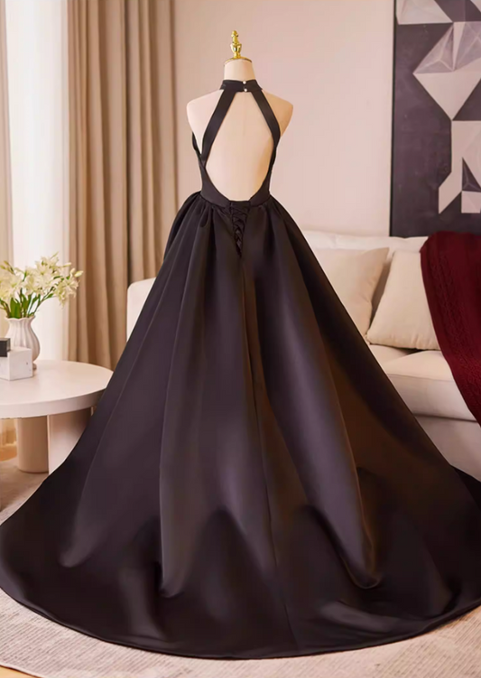 Princess Halter Neck Gathered A-Line Black Sweet 16 Gowns Backless Black Satin Prom Dress AP5231
