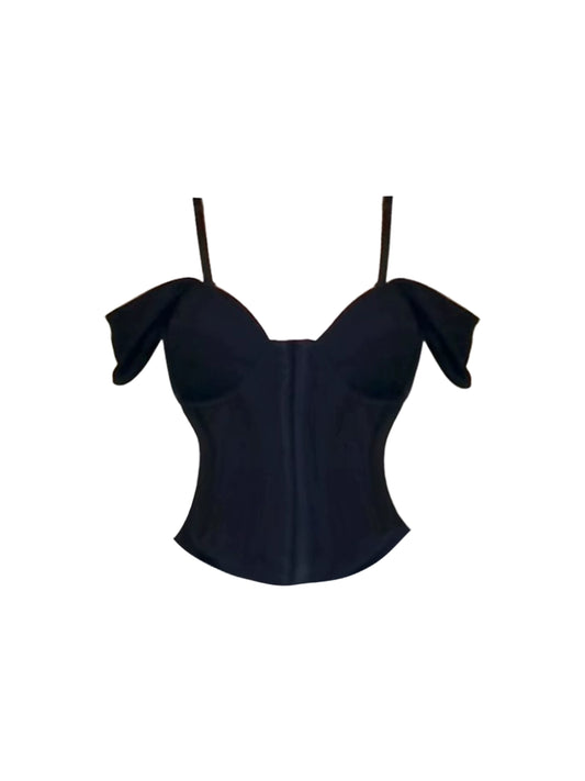 Everyday Wear Corset Top Ruffled A-Line Mini Skirt Chic Black Off-Shoulder Spaghetti Strap Two-Piece Short Dress AP5245