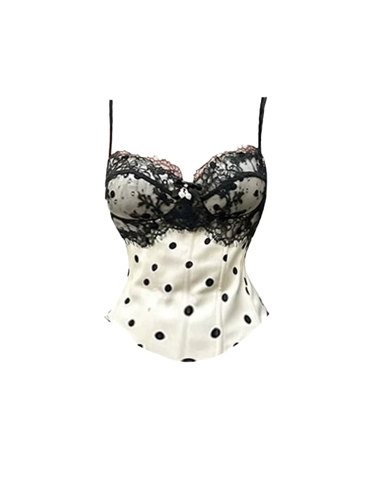 Splendid 2-Piece Set Lace Polka Dots Top Bodycon Ruffled Mini Skirt Fashionable Black Spaghetti Strap Floral Applique Short Dress AP5257