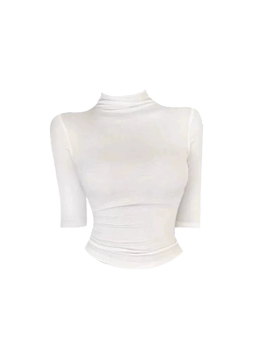 Avant-Garde Long Sleeve 2-Piece Dark Gray Mini Skirt Simple White Turtleneck Fitted Crop Top A-Line Short Dress AP5260