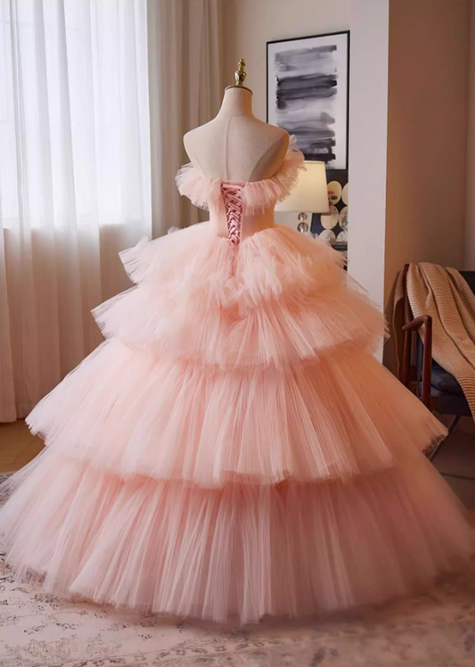 Voluminous Strapless Pink Tulle A-Line Sweet 16th Gowns Sequins Beading Prom Dress AP5263