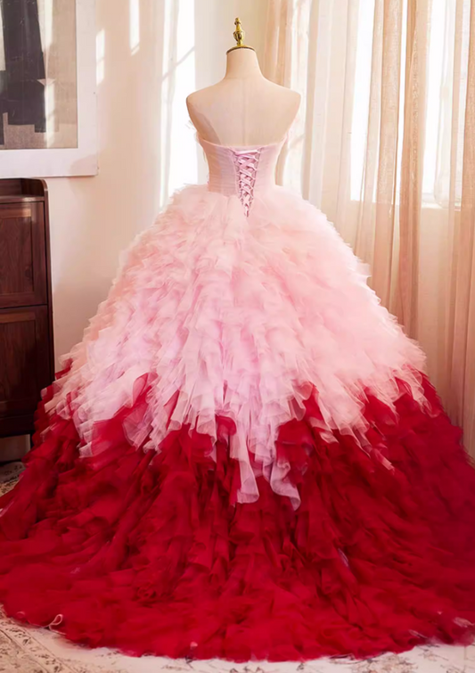 Fabulous Strapless A-Line Ruffles Tulle Sweet 16th Gowns Appliques Beads Prom Dress AP5269