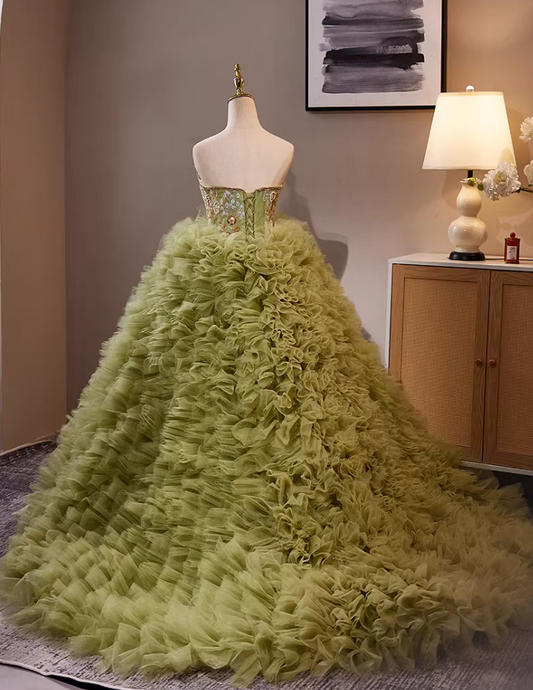 Cute Strapless A-Line Green Ruffles Tulle Sweet 16th Gowns Beading Sequins Prom Dress AP5279
