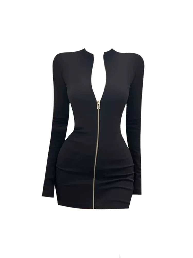 Gorgeous Black Bodycon Ruched Mini Skirt Elegant Long-Sleeve Mock Neck Front-Zip Short Dress AP5287