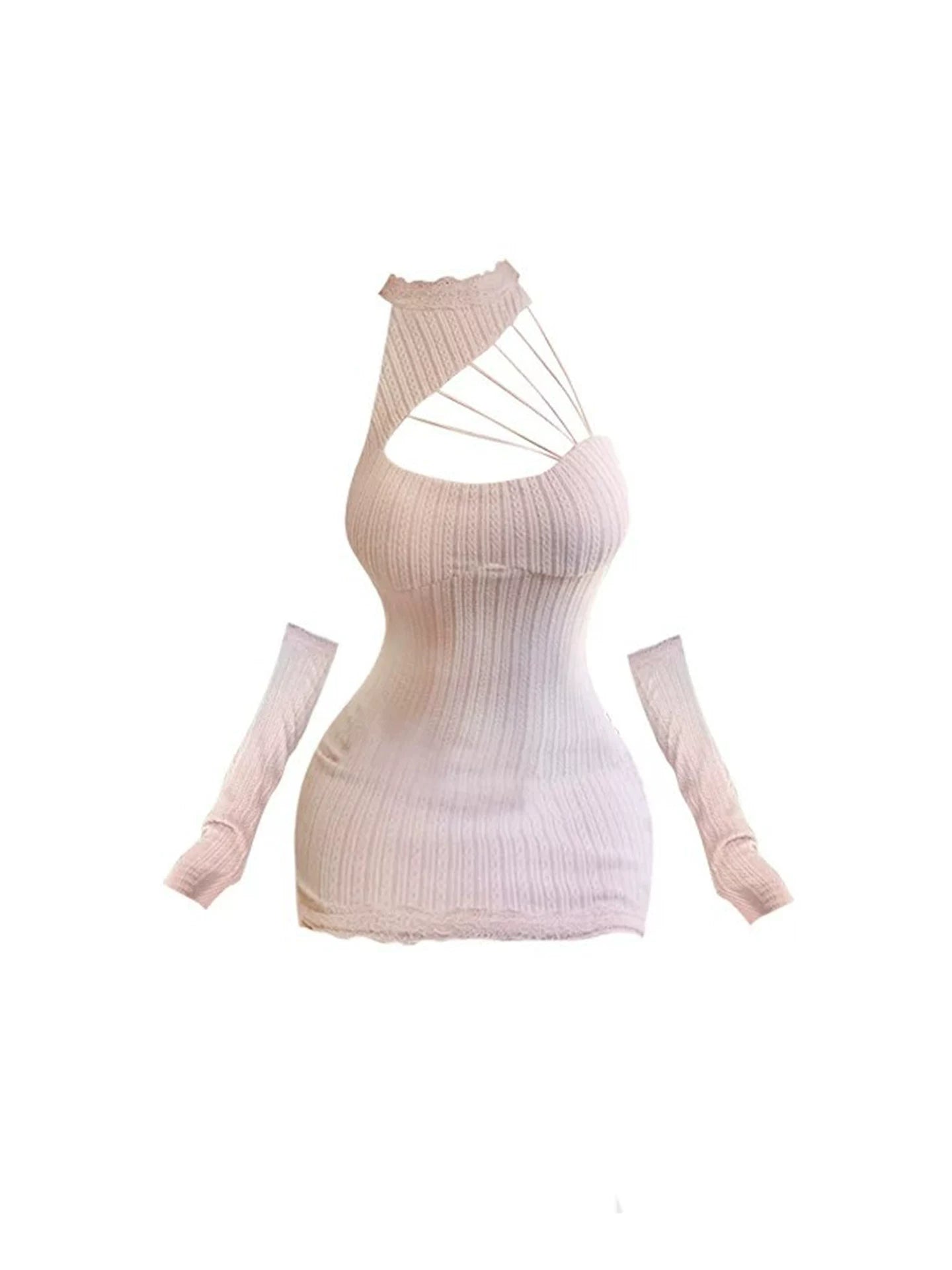 Fashionable Ribbed Knit Bodycon Mini Skirt Charming Cutout Straps Long Sleeves Halter Short Dress AP5295
