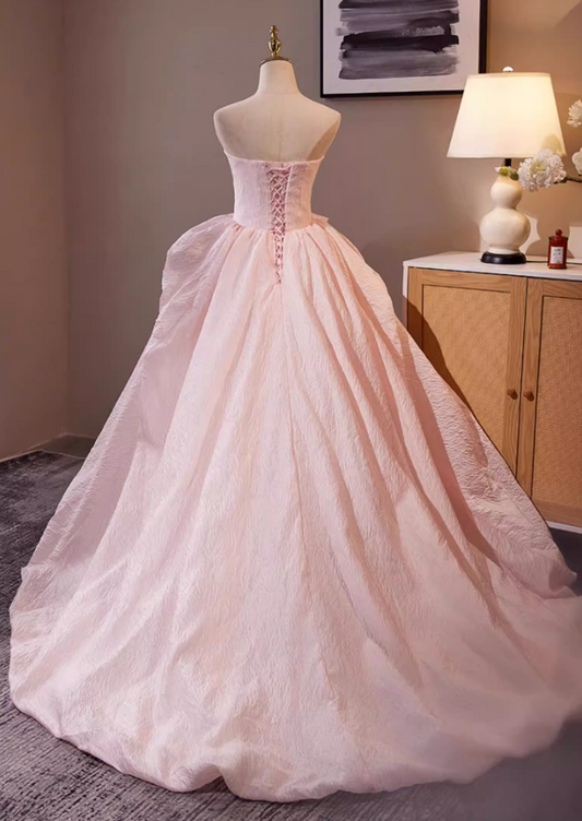 Fitted Strapless A-Line Textured Sweet 16th Gowns Handmade Flowers Pink Prom Dress AP5306