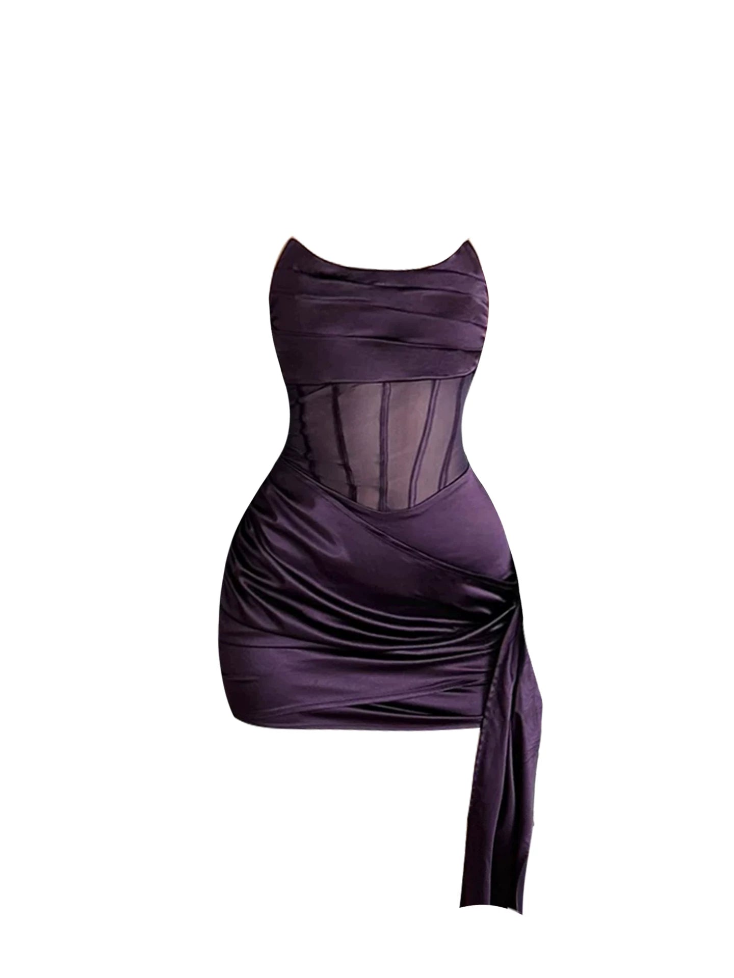 Gen Z Style Bodycon Ruched Bodice Side Knot Accent Mini Skirt Sexy Plum Satin Strapless Short Dress AP5322