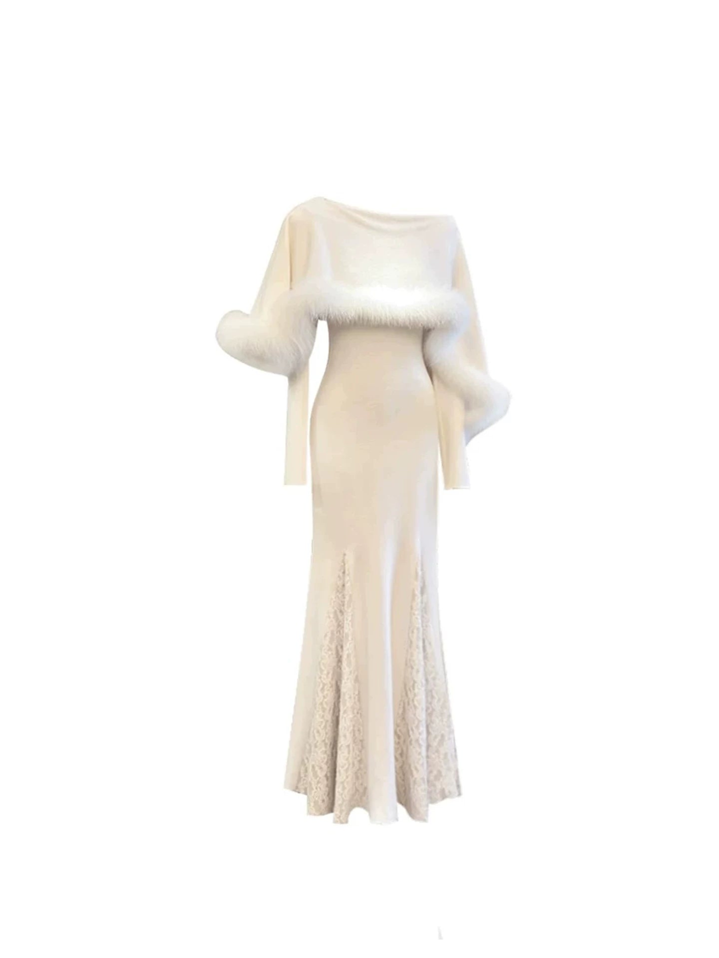 Fairy Faux Fur Long Sleeve Maxi Dress With Cape Elegant Cream Fitted Mermaid Long Dress AP5323