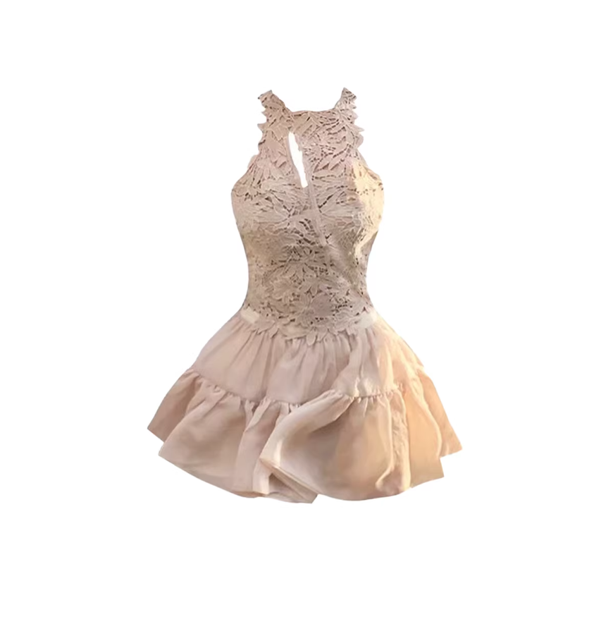 Boho-Inspired Chest Cutout Ruffled A-Line Mini Skirt Alluring Light Beige 2-Piece Lace Trim Halter Short Dress AP5328