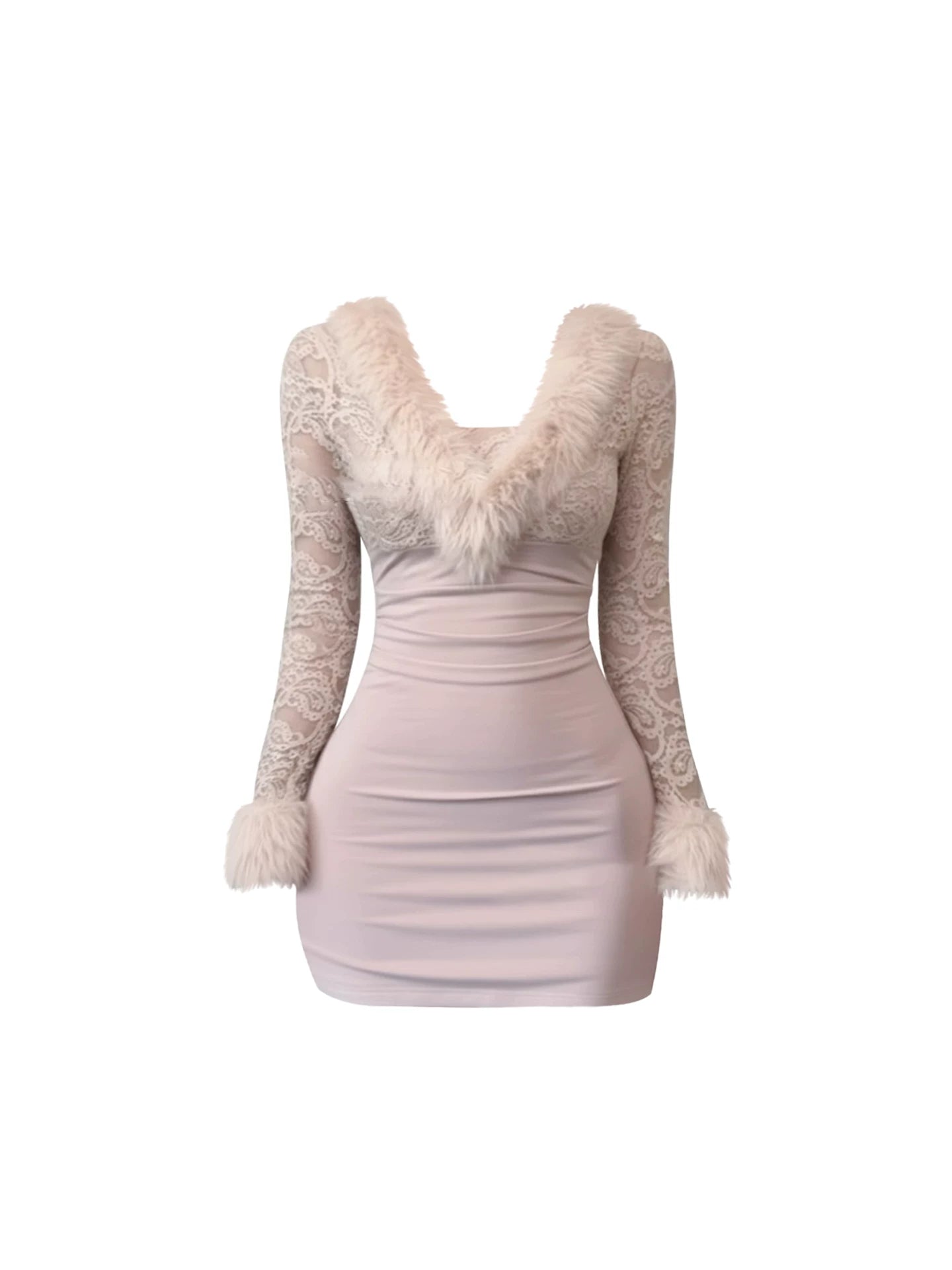 Exquisite Sheer Lace Trim Faux Fur Trim Long-Sleeve Mini Skirt Elegant Light Pink Bodycon V Neck Short Dress AP5329