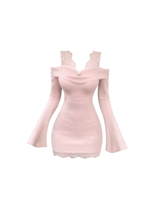 Refined Off-Shoulder Fitted V Neck Mini Skirt Chic Lace Trim Flared Long-Sleeve Bodycon Short Dress AP5331