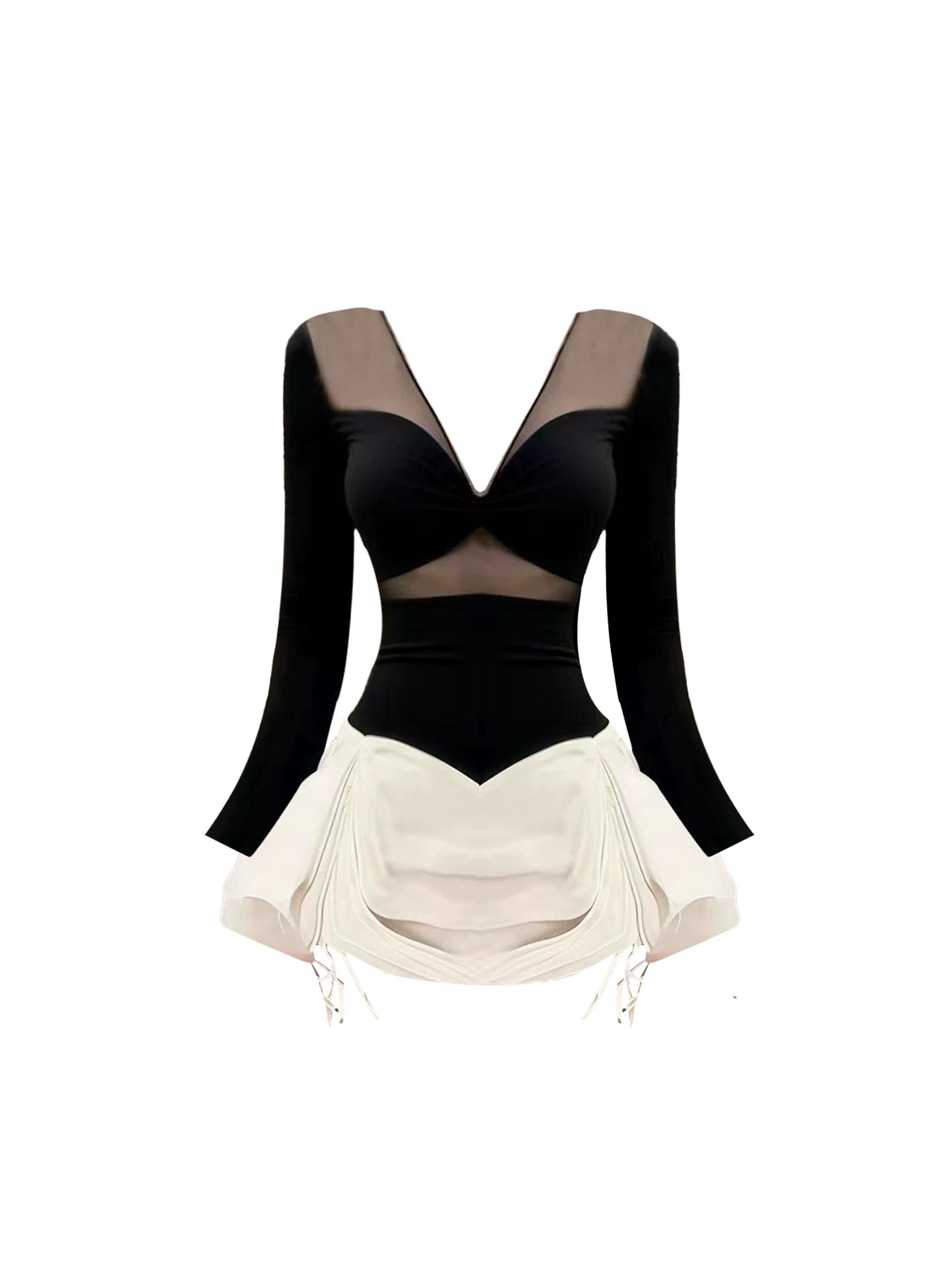 Superb Mesh-Panel Top White Drawstring Ruched Mini Skirt Retro Black Long-Sleeve V-Neck Bodycon Short Dress AP5334