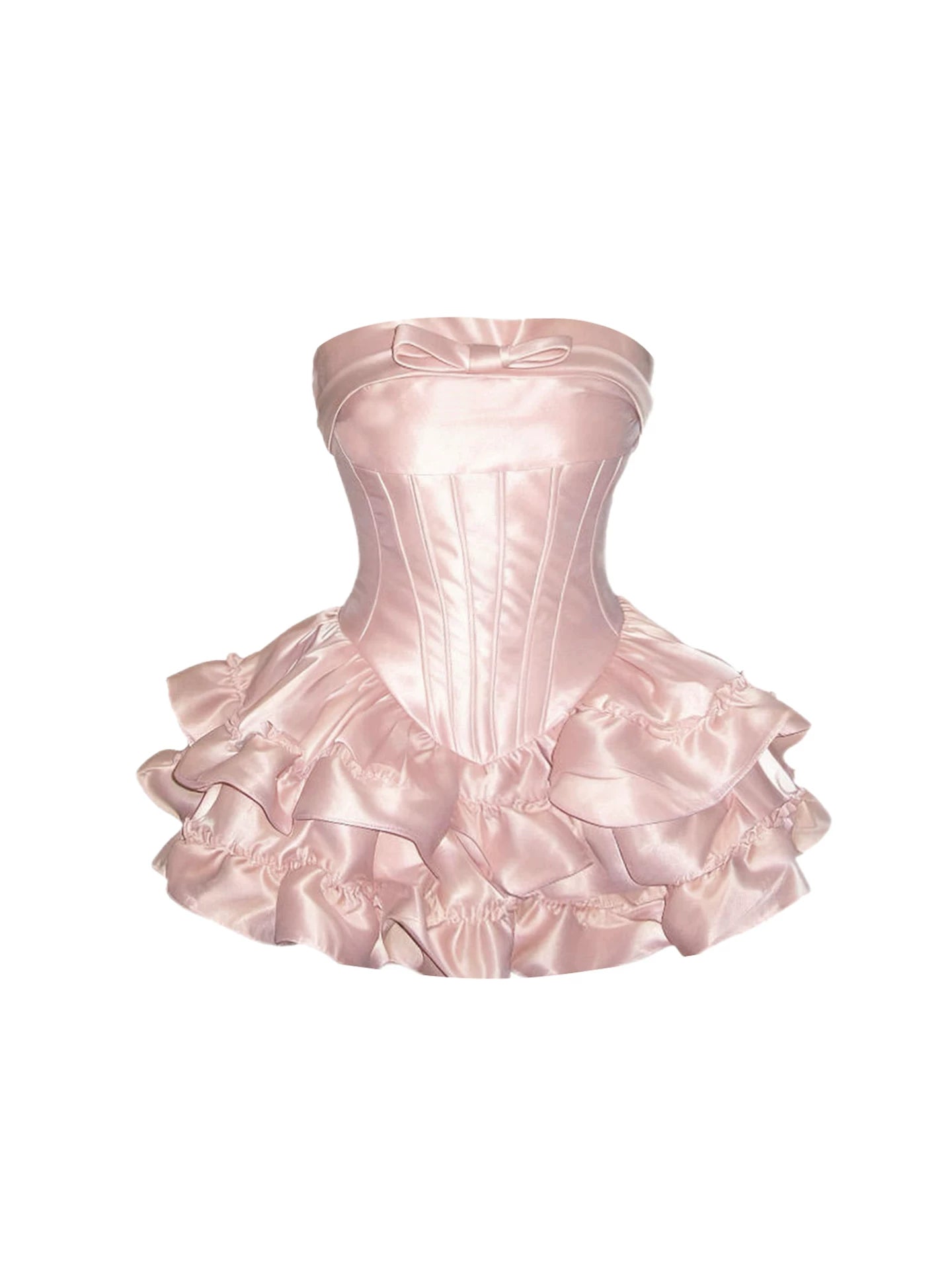 Appealing A-Line Bow Corset Layered Ruffle Hem Mini Skirt Cute Light Pink Satin Strapless Short Dress AP5337