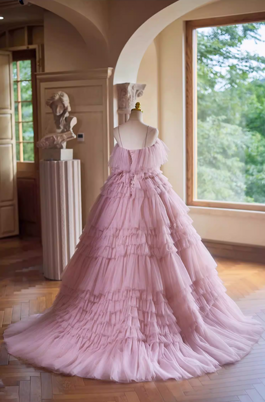 Romantic A-Line Spaghetti Strap Evening Gowns Bow Tiered Tulle Prom Dress AP5351