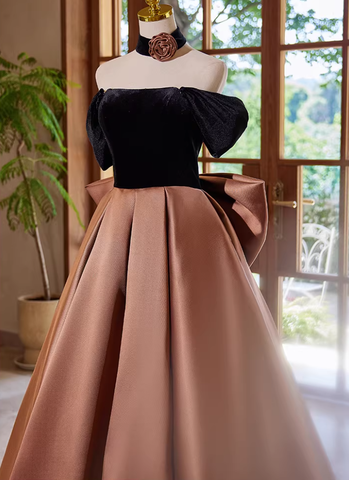 Luxury A-Line Off-Shoulder Sweet 16th Dresses Bow Velvet Satin Prom Dress AP5356