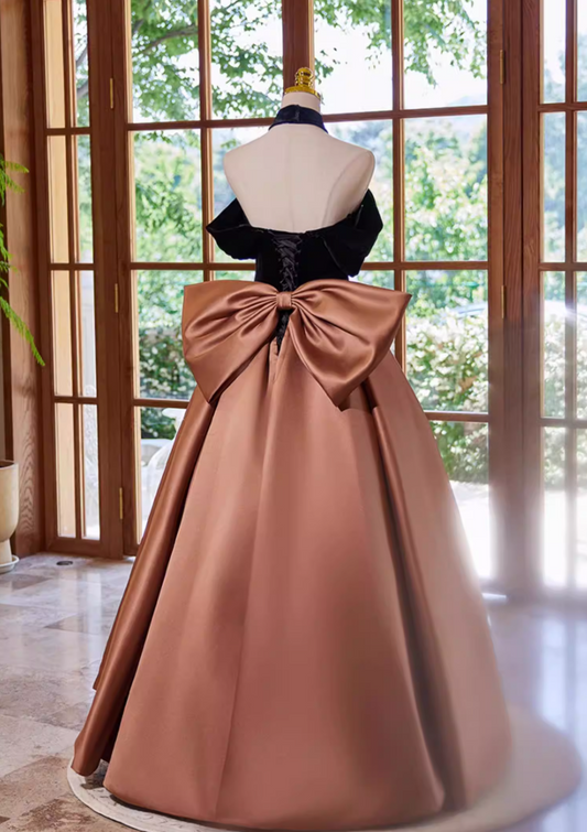 Luxury A-Line Off-Shoulder Sweet 16th Dresses Bow Velvet Satin Prom Dress AP5356