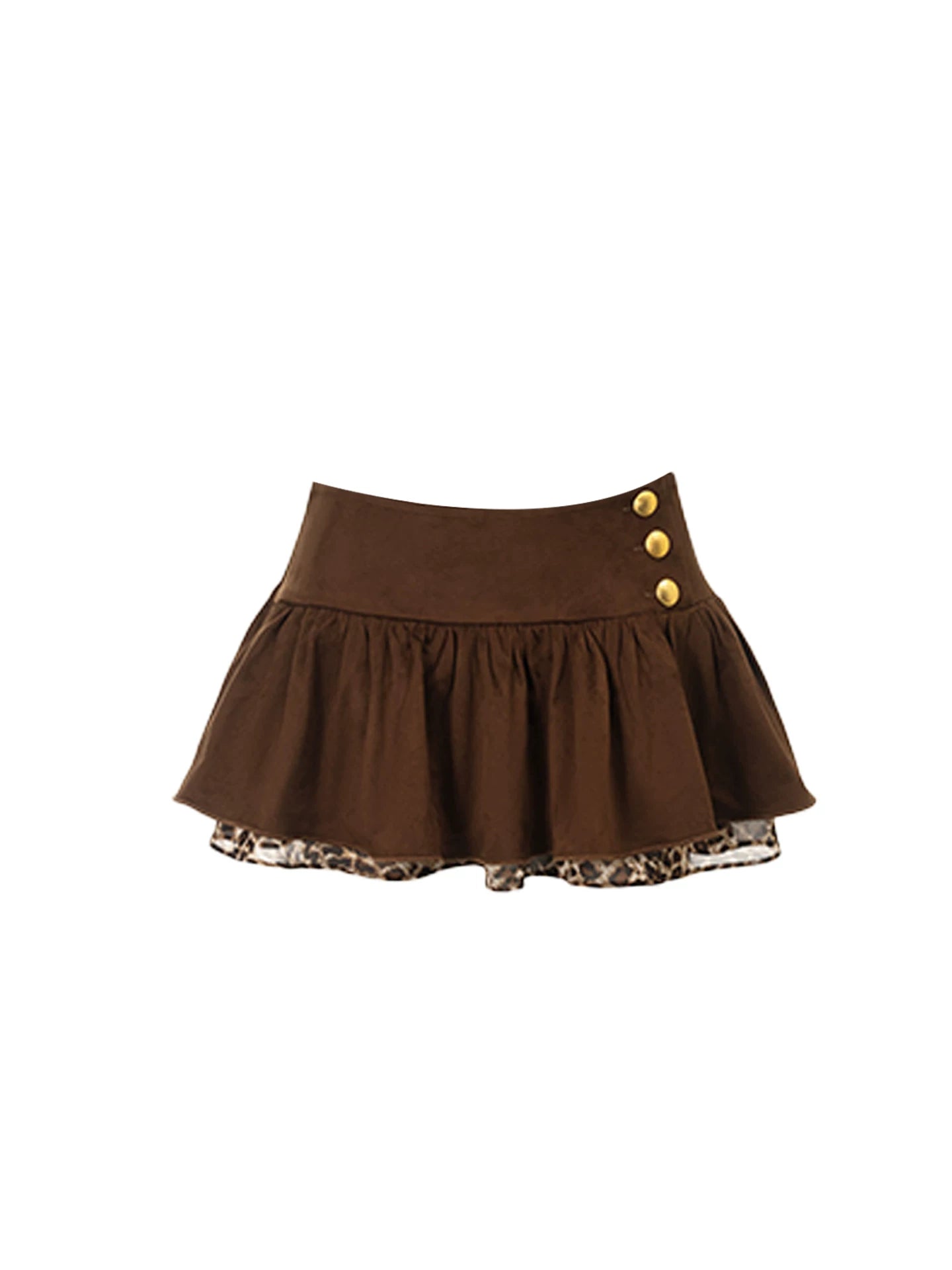 Artistic High Collar Top Gold Buttons 2-Piece Leopard Lining Ruffled Mini Skirt Vintage Chocolate Brown Long-Sleeve A-Line Short Dress AP5364