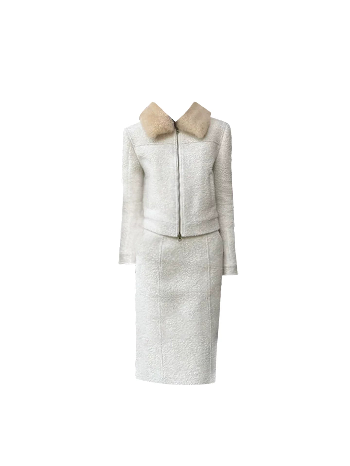 Dreamy Faux Fur Lapel Collar 2-Piece Midi Dress Chic White Textured Short Zip Jacket Bodycon Long Dress AP5365
