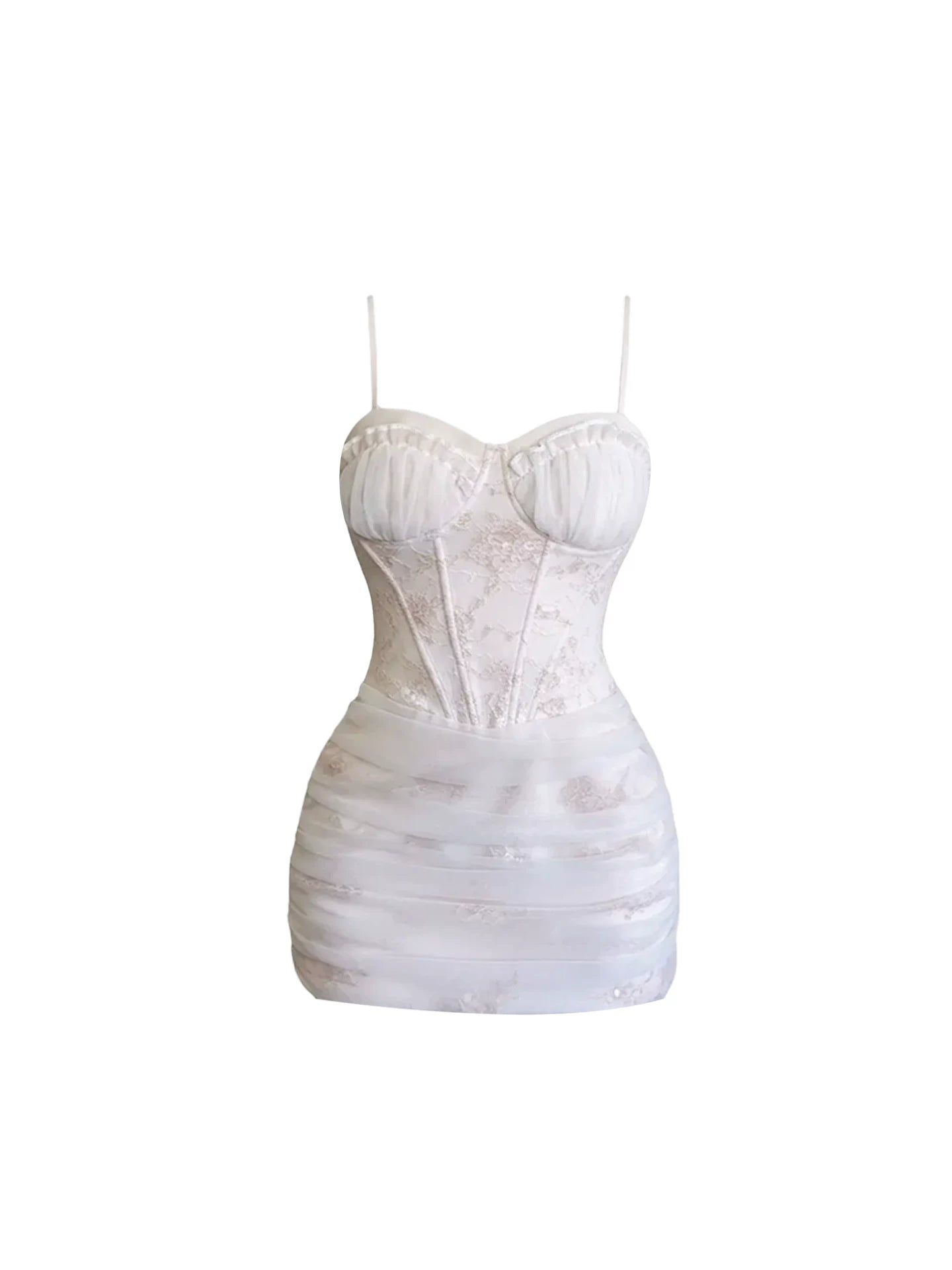 Alluring Spaghetti Strap Lace Accents Ruched Mini Skirt Elegant White Sweetheart Corset Bodycon Short Dress AP5367