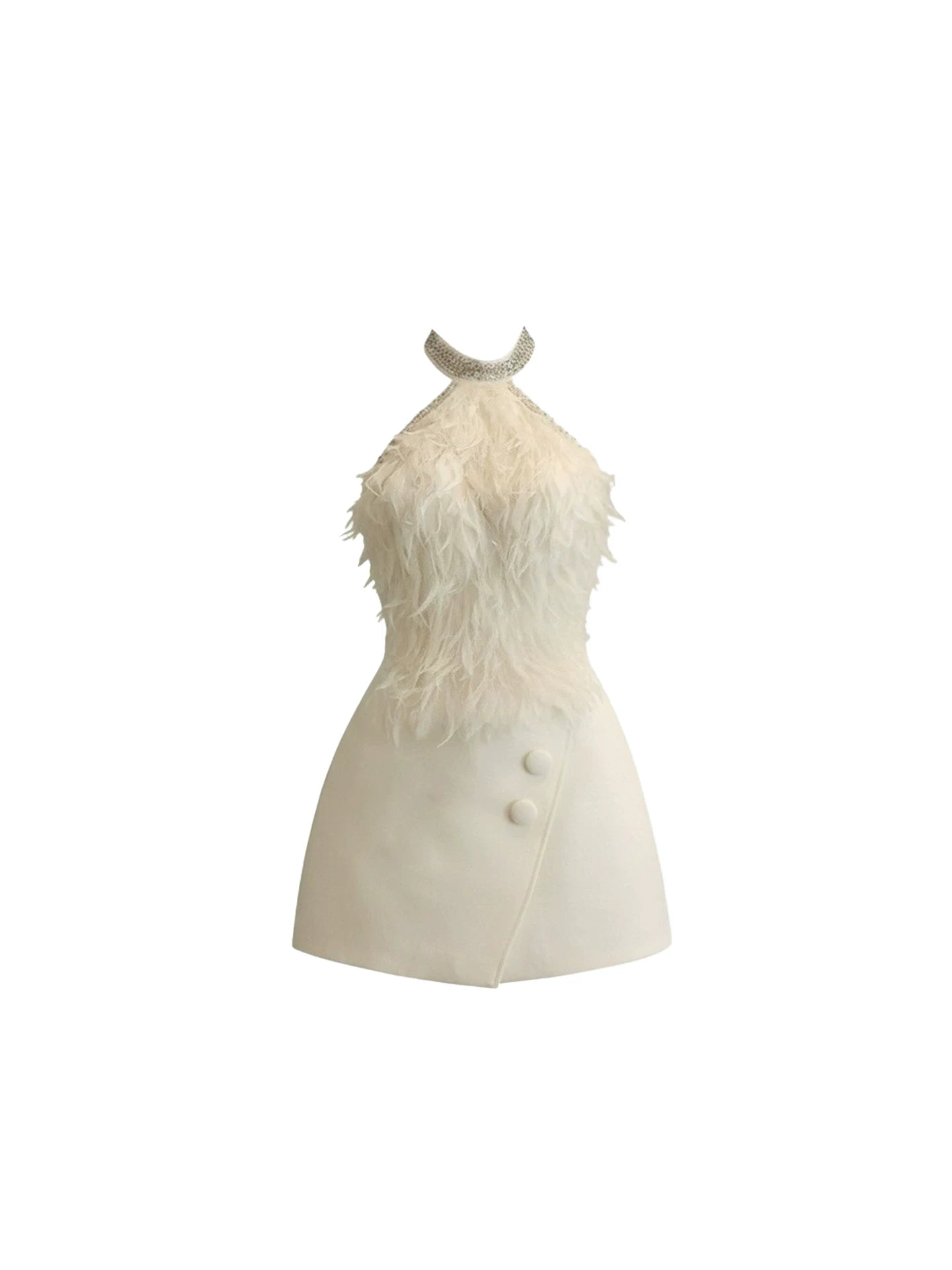 Glam 2-Piece Rhinestone Halter Neck Side Buttons Mini Dress Trendy White Halter Neck Feather-Trimmed Bodycon Short Dress AP5369